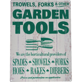 Plaque vintage outils jardinage