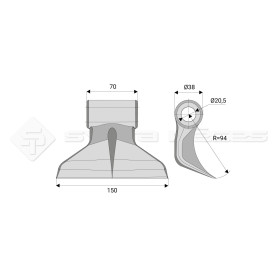 Marteau de broyeur pour Desvoys - Largeur fixation: 70 - Longueur : 150 - Rayon : 94 - Ref: SYM56