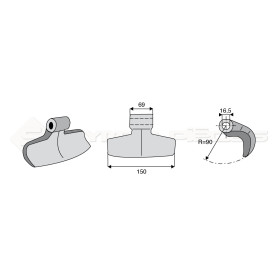 Marteau de broyeur pour Palladino - Largeur fixation: 69 - Longueur : 150 - Rayon : 90 - Ref: SYM95