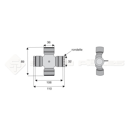 Croisillon circlips extérieurs - WALTERSCHEID - Longueur: 89mm - Diam. Croisillon : 36mm