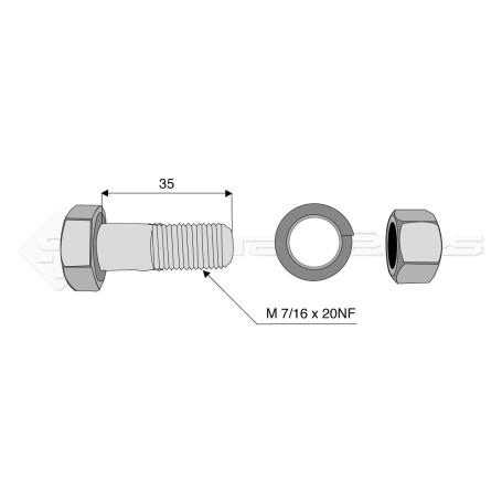 Boulon complet - Diam. : 7/16 - Pas : 20NF - L : 35mm - Vendu par x25