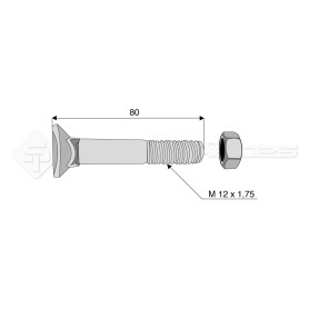 Boulon tête fraisée collet carré - Diam. : 12 - Pas : 175 - L : 80mm - Vendu par x25