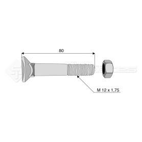 Boulon tête fraisée collet carré - Diam. : 12 - Pas : 175 - L : 80mm - Vendu par x25 - Ref: SY608120802