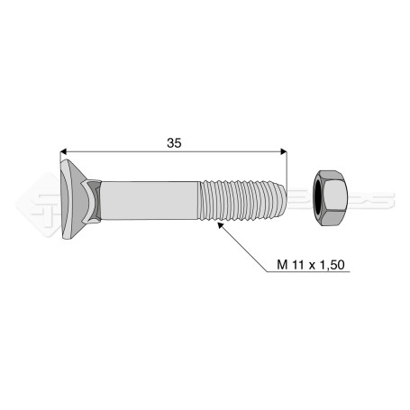 Boulon tête fraisée collet carré - Diam. : 11 - Pas : 150 - L : 35mm - Vendu par x25