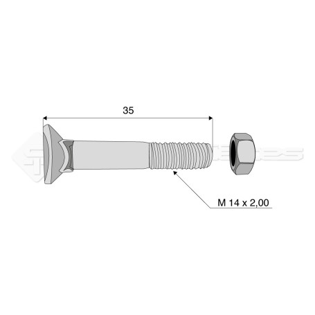 Boulon tête fraisée collet carré - Diam. : 14 - Pas : 200 - L : 35mm - Vendu par x25