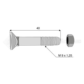 Boulon tête fraisée collet carré - Diam. : 9 - Pas : 125 - L : 40mm - Vendu par x25