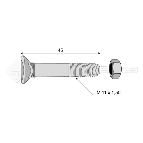 Boulon tête fraisée collet carré - Diam. : 11 - Pas : 150 - L : 45mm - Vendu par x25