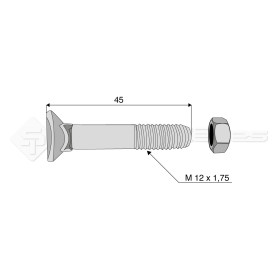 Boulon tête fraisée collet carré - Diam. : 12 - Pas : 175 - L : 45mm - Vendu par x25