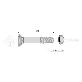 Boulon tête fraisée collet carré - Diam. : 11 - Pas : 150 - L : 50mm - Vendu par x25 - Ref: SY60811050