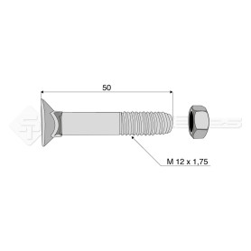 Boulon tête fraisée collet carré - Diam. : 12 - Pas : 175 - L : 50mm - Vendu par x25 - Ref: SY60812050