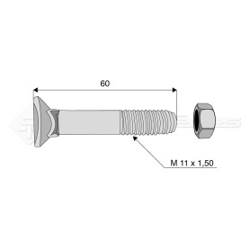 Boulon tête fraisée collet carré - Diam. : 11 - Pas : 150 - L : 60mm - Vendu par x25 - Ref: SY60811060