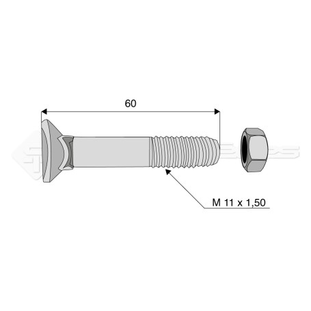 Boulon tête fraisée collet carré - Diam. : 11 - Pas : 150 - L : 60mm - Vendu par x25