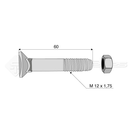 Boulon tête fraisée collet carré - Diam. : 12 - Pas : 175 - L : 60mm - Vendu par x25