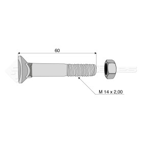 Boulon tête fraisée collet carré - Diam. : 14 - Pas : 200 - L : 60mm - Vendu par x25