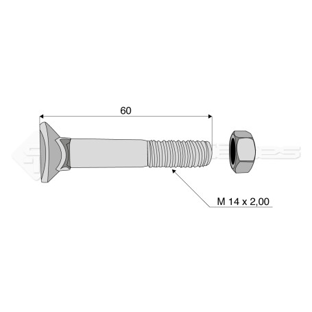 Boulon tête fraisée collet carré - Diam. : 14 - Pas : 200 - L : 60mm - Vendu par x25