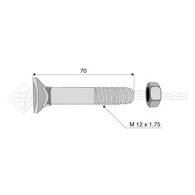 Boulon tête fraisée collet carré - Diam. : 12 - Pas : 175 - L : 70mm - Vendu par x25