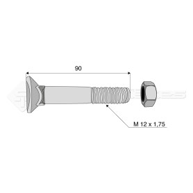 Boulon tête fraisée collet carré - Diam. : 12 - Pas : 175 - L : 90mm - Vendu par x25 - Ref: SY60812090