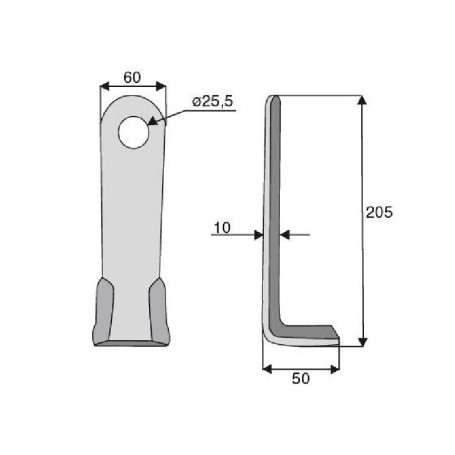 Couteau équerre Diam  25,5 Section 60x10 mm