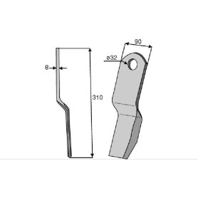 Couteau de gyrobroyeur  - Howard - Long. : 310mm - Diam du trou : 32.5mm - Ref: SYL6326HOW