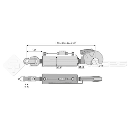 Barre de poussée hydraulique - L : 728mm - Diam coté outil: Crochet cat 4- Marque: WALTERSCHEID