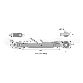 Barre de poussée mécanique - L : 625mm - Diam coté outil: 25.4