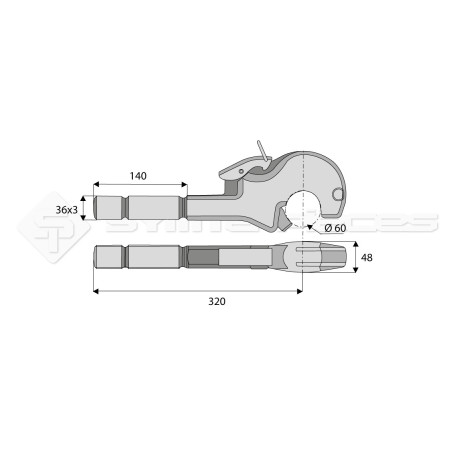 Crochet supérieur filet droit - L : 320mm - Alesage: 60 - Marque: CNH