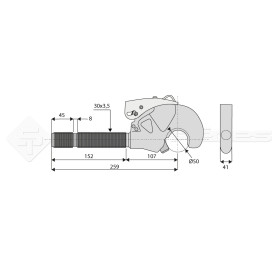 Crochet supérieur filet gauche CBM - L : 259mm - Alesage: 50 - Ref: SYGR0985GC