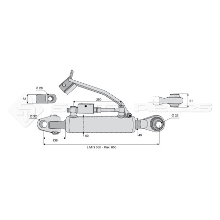 Barre de poussée hydraulique - Diam. Coté tracteur : 32 - Diam. Coté outil : 32 - Réf: SYH3PA32R3650