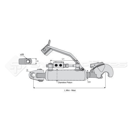 Barre de poussée hydraulique - Diam. Coté tracteur : 32 - Diam. Coté outil : Crochet cat 3 - Réf: SYH3PA32C3550