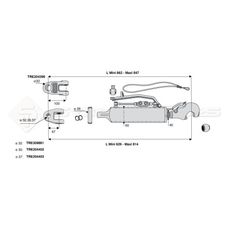 Barre de poussée hydraulique - Marque: WALTERSCHEID - Diam. Coté outil : Crochet cat 3 - Réf: TRE204484