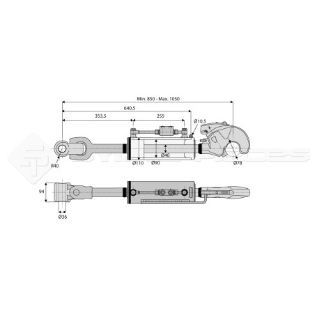 Barre de poussée hydraulique - Diam. Coté tracteur : 36 - Diam. Coté outil : Crochet cat 4 - Réf: SYH3PA36C4850NH