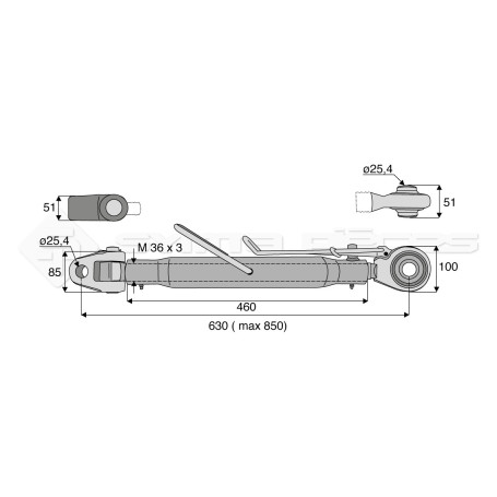 Barre de poussée mécanique - Diam. Coté tracteur : 25.4 - Diam. Coté outil : 25.4 - Réf: SY3PA25R2460