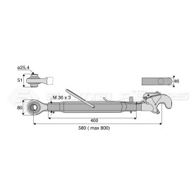Barre de poussée mécanique - Diam. Coté tracteur : 25.4 - Diam. Coté outil : Crochet cat 3 - Réf: SY3PRS2C3400