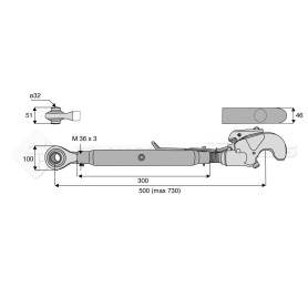 Barre de poussée mécanique - Diam. Coté tracteur : 32 - Diam. Coté outil : Crochet cat 3 - Réf: SY3PR3C3300