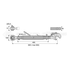 Barre de poussée mécanique - Diam. Coté tracteur : 25.4 - Diam. Coté outil : Crochet cat 3 - Réf: SY3PR2C3400