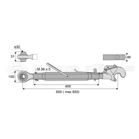 Barre de poussée mécanique - Diam. Coté tracteur : 32 - Diam. Coté outil : Crochet cat 3 - Réf: SY3PR3C3400