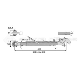 Barre de poussée mécanique - Diam. Coté tracteur : 25.4 - Diam. Coté outil : Crochet cat 3 - Réf: SY3PR2C3460