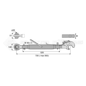 Barre de poussée mécanique - Diam. Coté tracteur : 32 - Diam. Coté outil : Crochet cat 3 - Réf : DA22478 - Ref: SY3PR3C3520