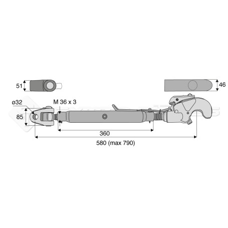 Barre de poussée mécanique - Diam. Coté tracteur : 32 - Diam. Coté outil : Crochet cat 3 - Réf: SY3PA32C3360